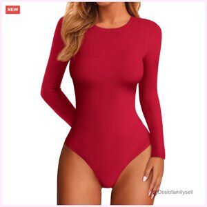 Long Sleeve Ribbed Bodysuit Fitted Basic Layering Top Women's Size